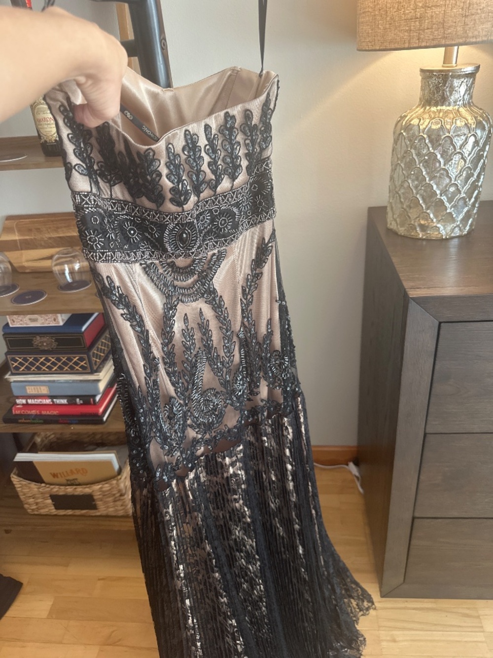 SEXY Art Deco Sue Wong vintage dress size 6 beaded gold and satin lace bodycon - Picture 6 of 7
